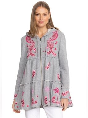 Johnny Was Cassia Tiered Embroidered Hoodie Light Heather L NWT